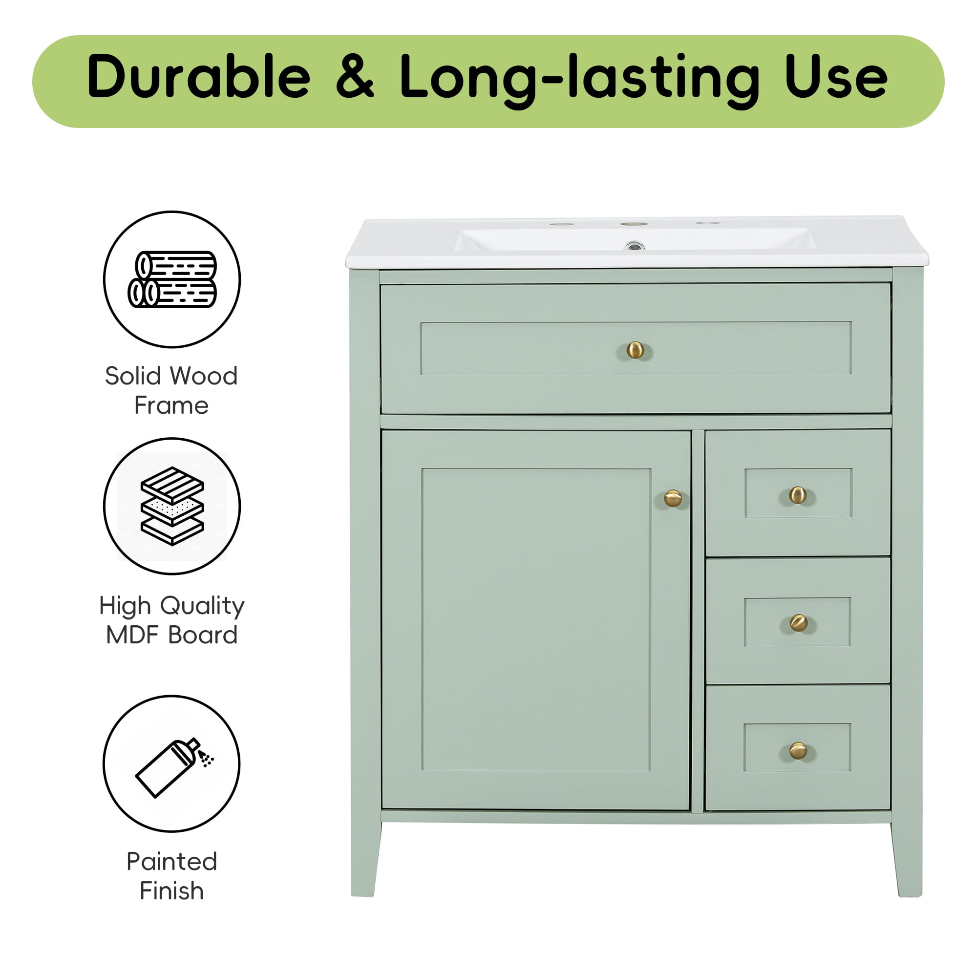 Anpport 30" Freestanding Bathroom Vanity with Sink, Modern MDF & Rubberwood Cabinet, 3 Drawers, Adjustable Shelf & Left‑Side Door, Light Green