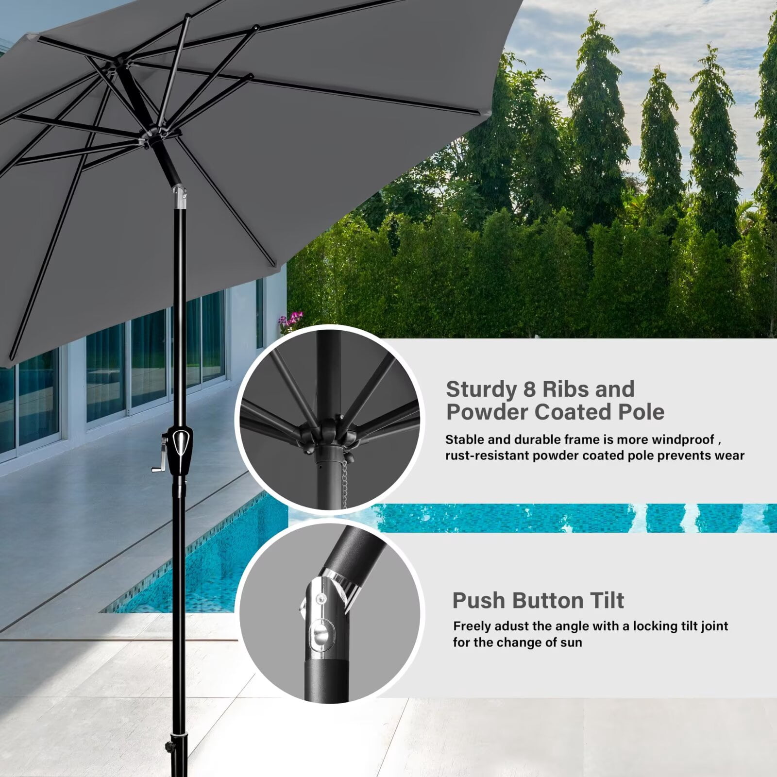 Simple Deluxe 9ft Outdoor Market Table Patio Umbrella with Button Tilt and 8 Sturdy Ribs, Grey, 1 Pack