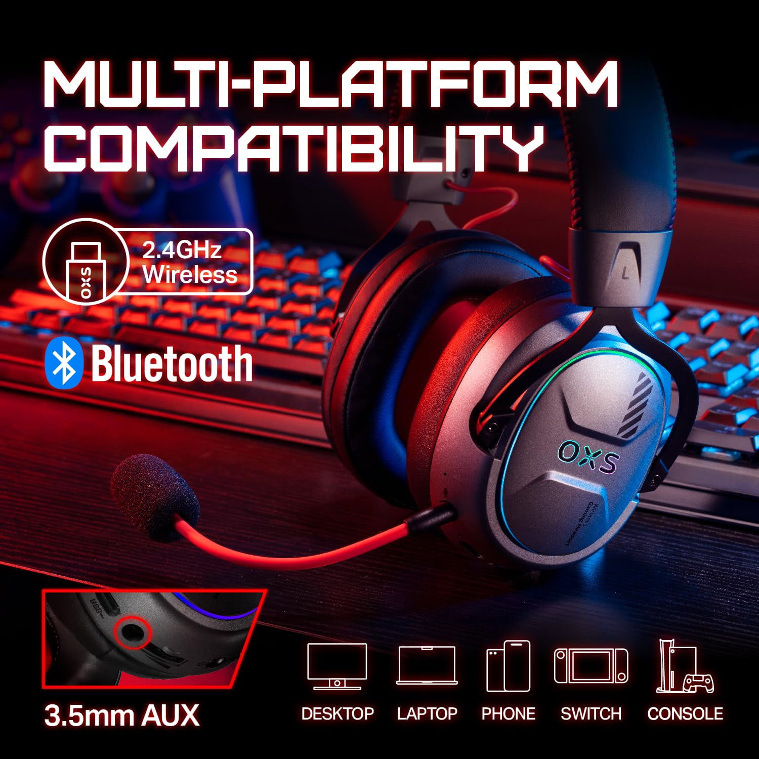 OXS Storm G2 Wireless Gaming Headsets with 7.1 Virtual Surround Sound, Black