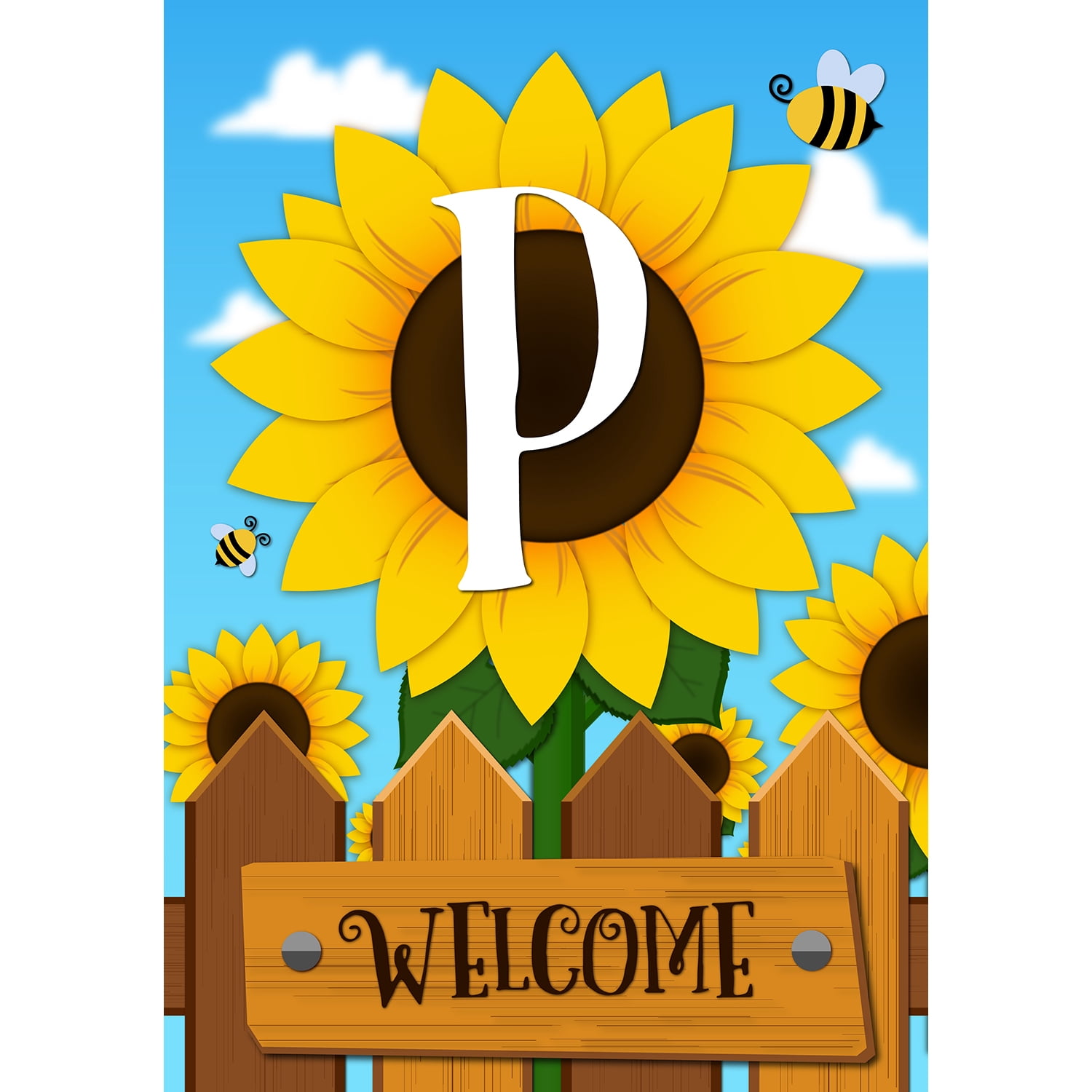 America Forever Spring Monogram House Flag Letter P 28 X 40 inches Double Sided Vertical Outdoor, Yard, Lawn, Beautiful Bright Sunlowers, Floral Design, Honeybee, Summer Welcome House Flag