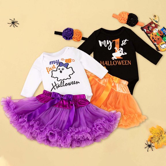 SOFTCCLO Baby Girl Halloween Outfit Long Sleeve Romper Solid Tutu Skirt Headband 3 Piece Sets Size 6-12M