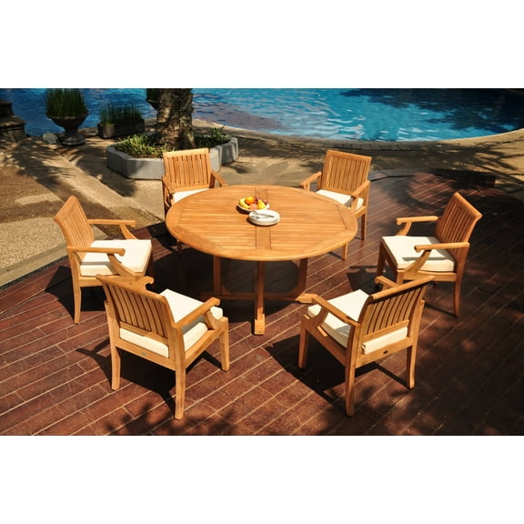 Grade-A Teak Dining Set: 6 Seater 7 Pc: 60" Round Table And 6 Lagos Arm Chairs Outdoor Patio WholesaleTeak #WMLG3