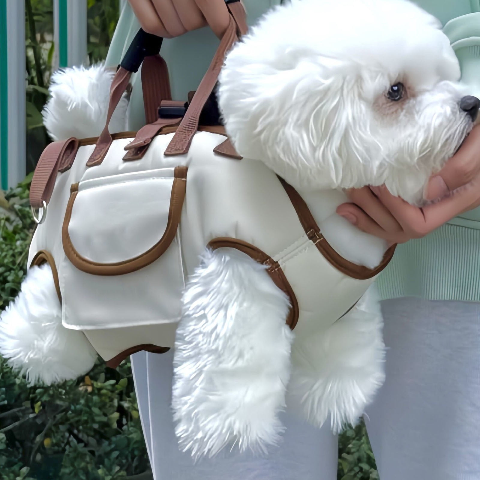 Dog Full Body Lift Harness for Small Dogs, Outdoor Pet Bag Hands Free Shoulder Yorkie Carrier, Adjustable Breathable Vest Straps with Small Puppy Treat Bag, Beige (L(14.33~19.84lbs))