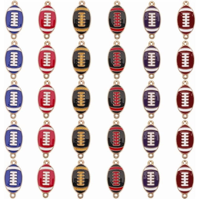 1 caja de 36 colgantes de esmalte deportivo de fútbol de 6 colores, con eslabones de aleación de metal rojo, negro y azul, con forma de balón de rugby.