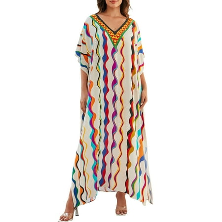 Gubotare Bathing Suit Cover Up Colorful Caftan Beach Dress for Women Long Bikini Cover Up Plus Size Beige One Size