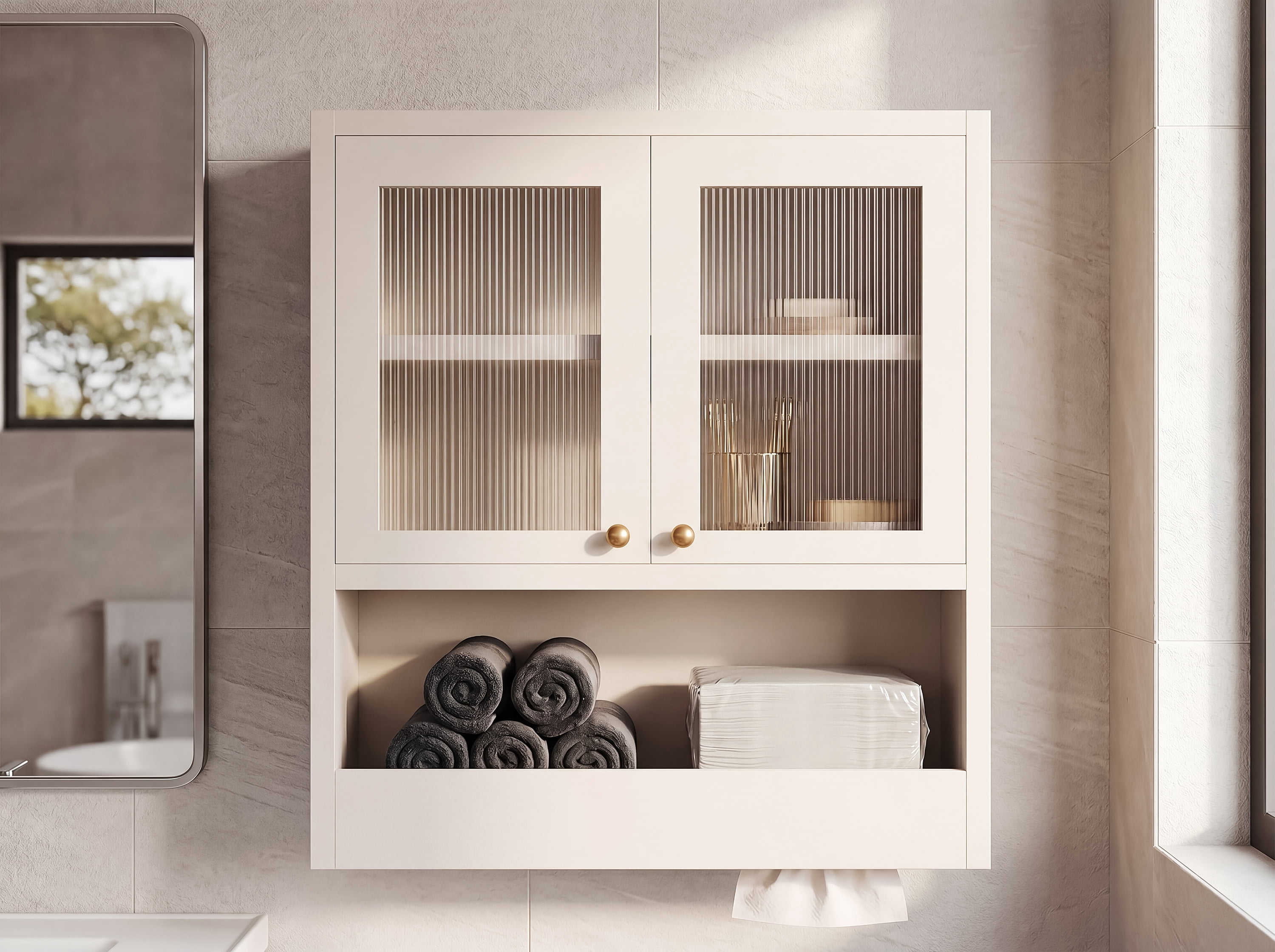 Mintazer Farmhouse Bathroom Medicine Cabinet with Adjustable Shelves, 2 Doors Wall Cabinet over The Toilet Storage, White