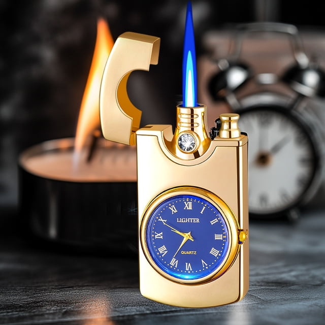 Encendedor de relojes metálicos antiviento | Inflable Blue Flame | Encendedor de incendios de doble propósito | Diseño en relieve 7,5x3,8 cm | Regalos | Negro, Dorado, Rojo, Gris | Moda de lujo de