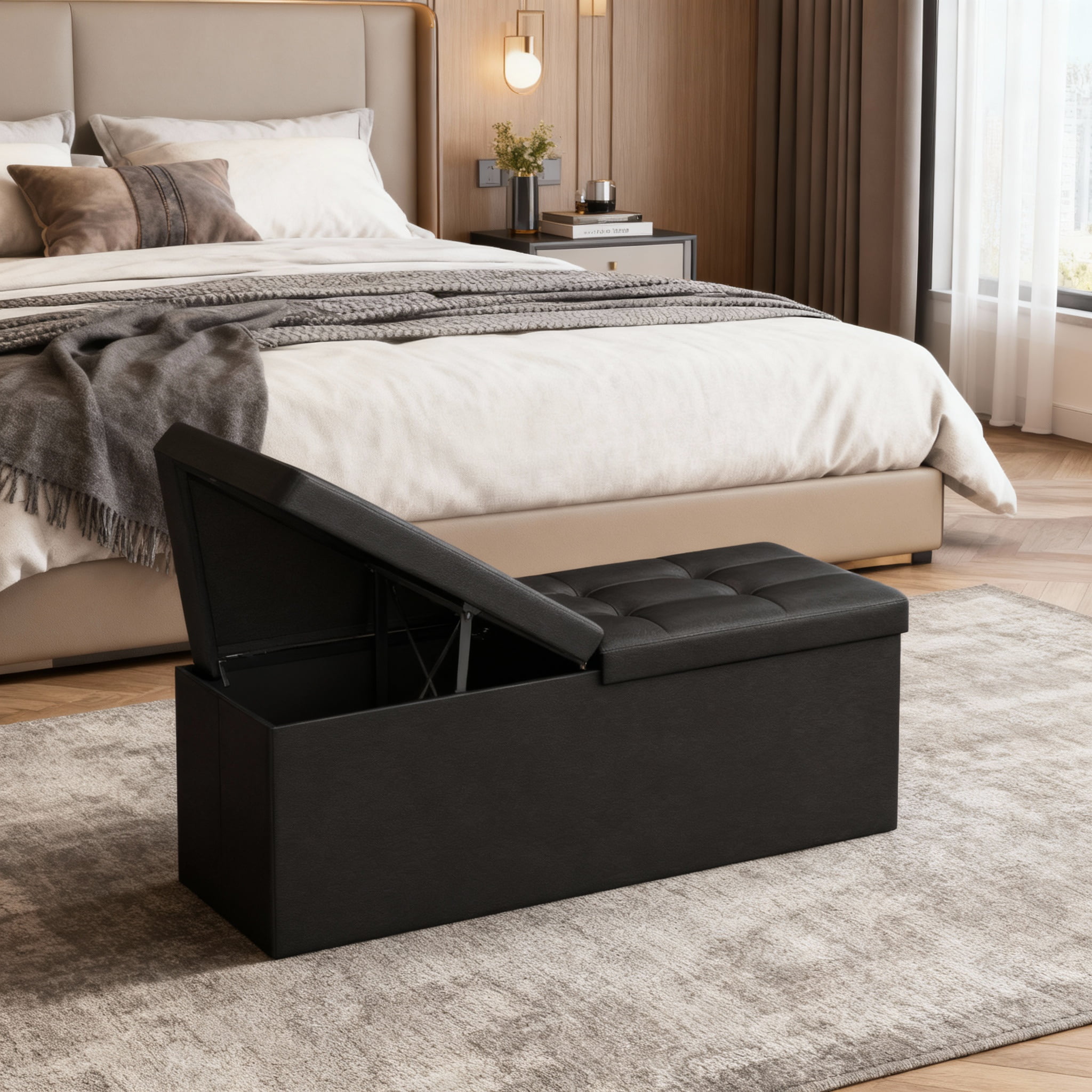 Ledrem Folding Storage Ottoman Bench 43 in, Black photo 6