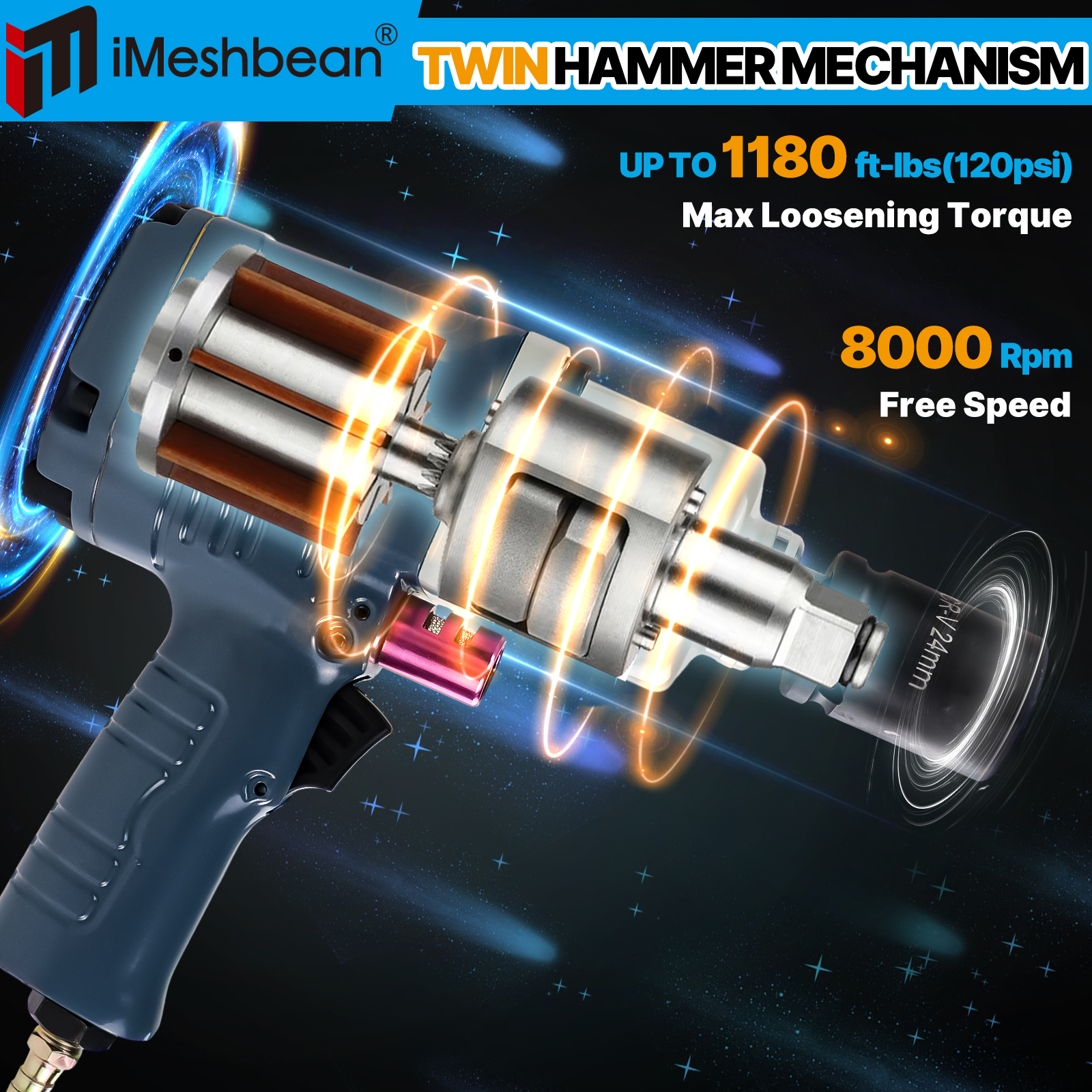 iMeshbean 3/4" Air Impact Wrench 1180ft-lbs. Twin Hammer Pneumatic 3-Torque+3 Sockets