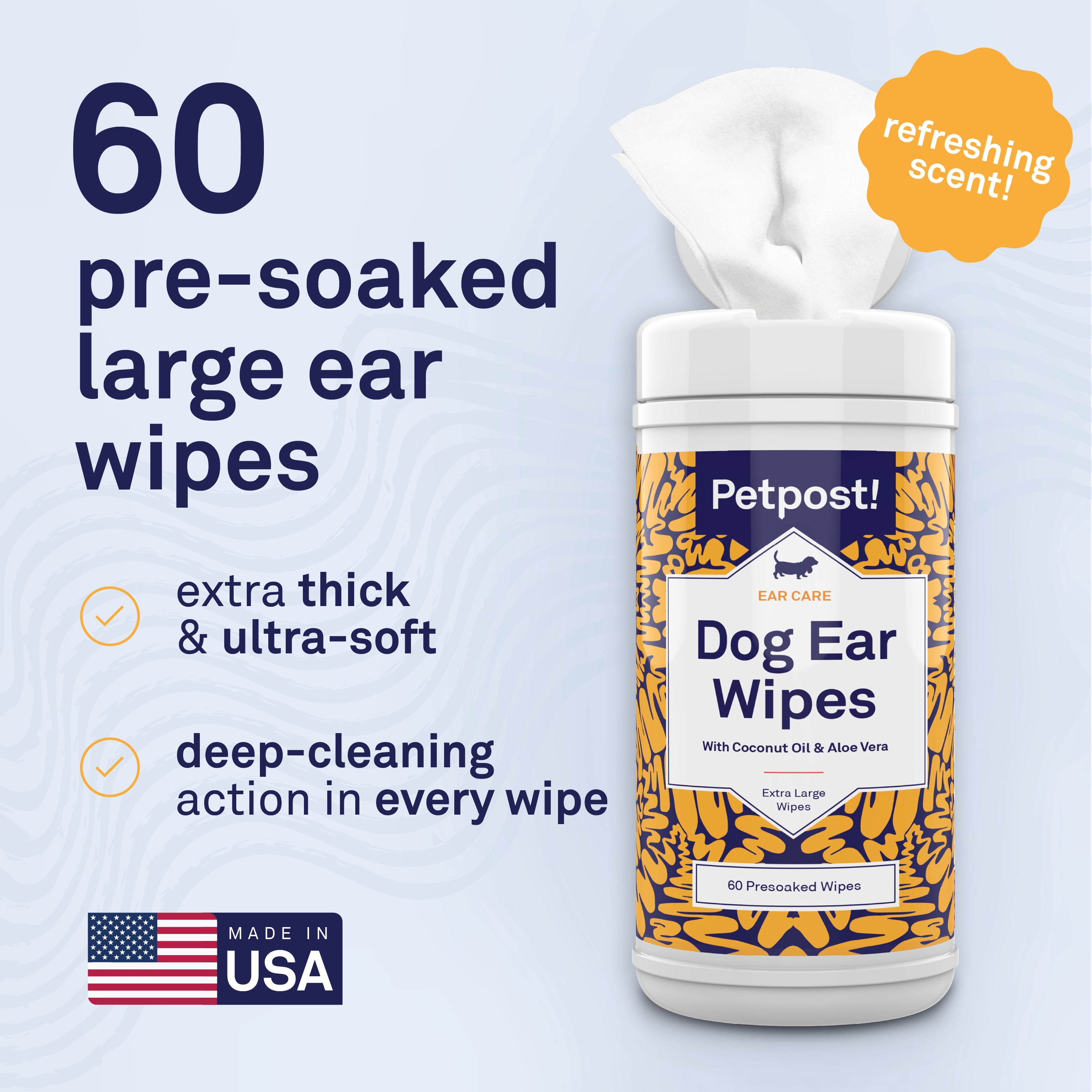 Petpost Large Dog Ear Cleaner Wipes - 60 XL Cotton Pads with Coconut Oil & Aloe Solution - Gentle Daily Cleanser for Wax, Dirt & Odor - Alcohol-Free, Vet-Approved
