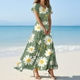 thumbnail image 2 of QIJIE Petite Women Dresses Spring Summer V Neck Casual Floral Holiday Ruffled Short Sleeve Long Dress A-Line Boho Sundress Swing Beach Cocktail Party Dresses Mint Green XL, 2 of 5