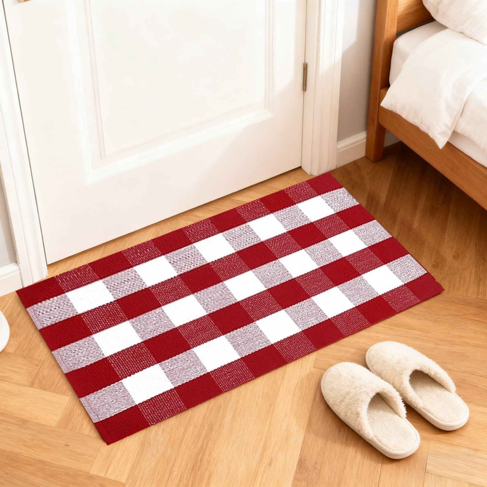 Area Rug, 28"x43" Pink and White Checkered Rug Plaid Outdoor Rugs, Soft Machine Washable Cotton Woven Welcome Mat Area Rugs for Home Decor, Bedroom, Doormat, Balcony, Porch, Patio