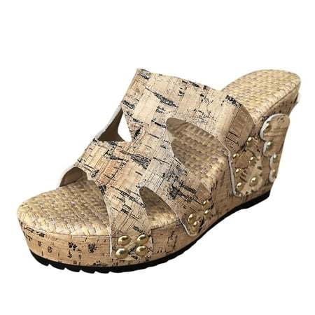 

Vuygyu Ladies Bohemian Leather Open Toe Slip On Slope Heel Thick Soled Roman Sandals Womens Sandals Size 8 1/2 Womens Fisherman Sandals Womens Wedge Sandals Size 8 1/2 3 Strap Sandals for Women One