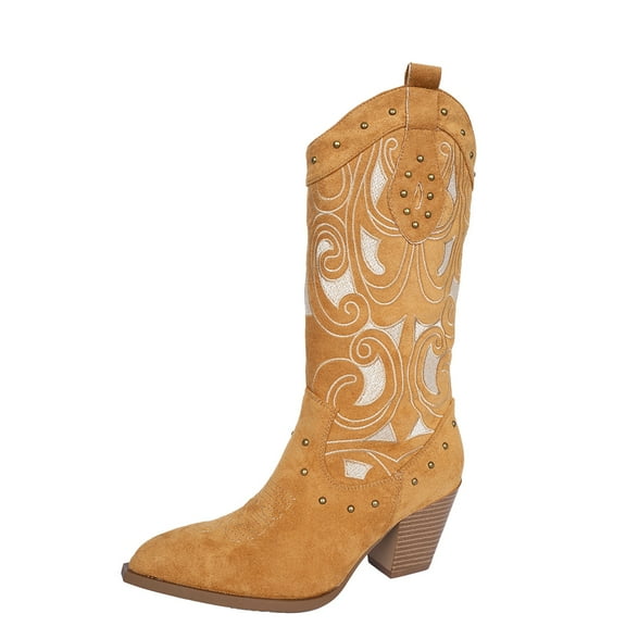 SACFOF Cowgirl Boots Women Chunky Heel Knee High Cowboy Boots Mid Calf with Chunky Heel Retro Embroidery Western Boots
