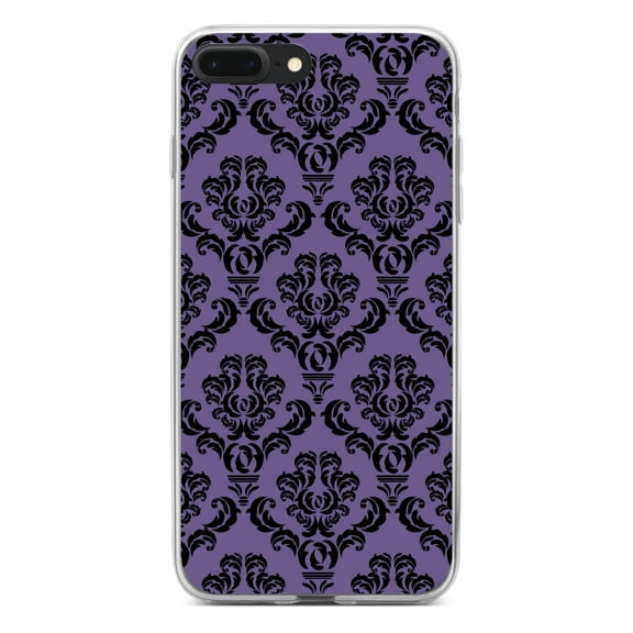DistinctInk Clear Shockproof Hybrid Case for iPhone 7 PLUS / 8 PLUS (5.5" Screen) - TPU Bumper, Acrylic Back, Tempered Glass Screen Protector - Purple Black Damask Floral - Floral Damask Pattern