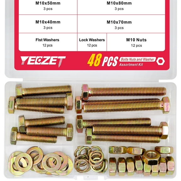 YEEZET 48pcs M10 Hex Head Screws 8.8 Grade Bolts and Nuts Flat & Lock Washers Assortment Metric Bolt nut washer Kit 40mm 50mm 70mm 80mm Bolts