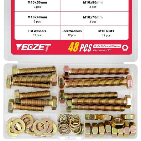 

YEEZET 48Pcs M10 Hex Head Screws 8.8 Grade Bolts and Nuts Flat & Lock Washers Assortment Metric Bolt Kit