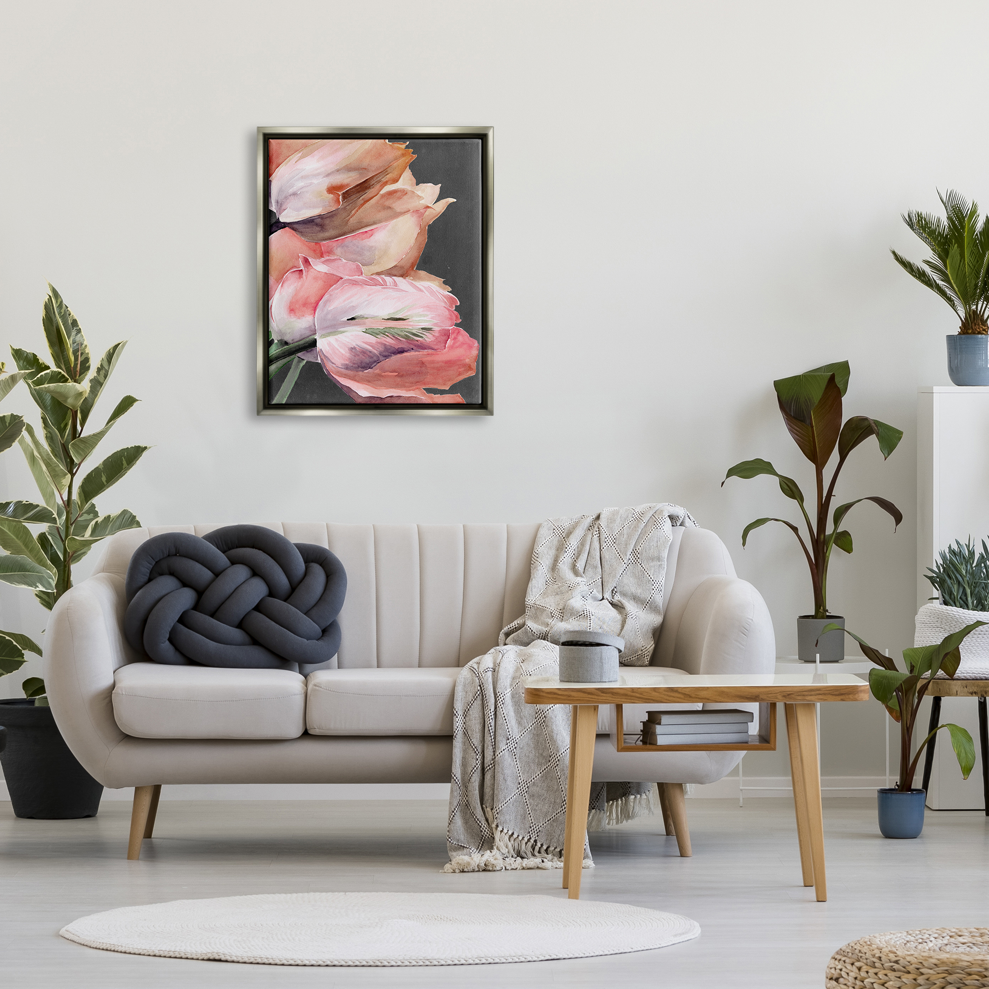 Stupell Industries Pink Tulips Flower Arrangement Botanical & Floral Painting Gray Floater Framed Art Print Wall Art