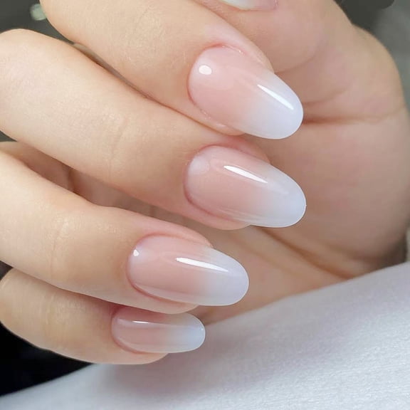 Omber Short Almond Gradients Natural Fake Nails Glossy Full Covers False Nails for Women Girls Gifts