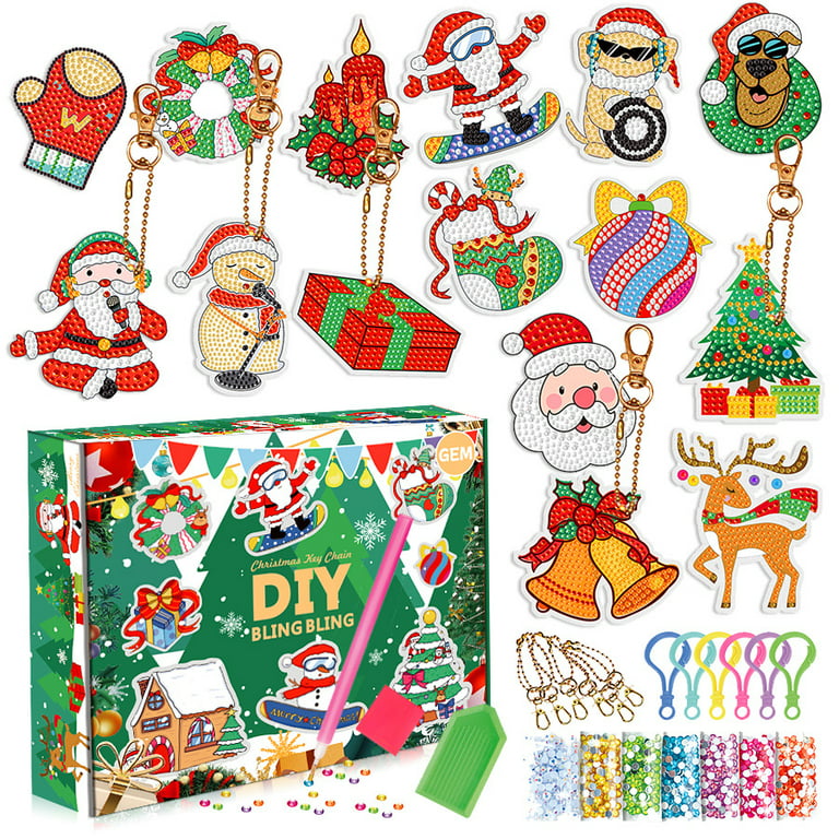 FUN-LITTLE-TOYS Diamond Painting Kits, Christmas Advent Calendar 2023 Girls  With Crafts Keychains Assorted Mini Stickers for Kids Christmas Gift Party
