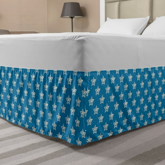 Stars Bed Skirt, Grunge Design of Repetitive Illustrated by Hand Spots on the Background, Elastic Bedskirt Dust Ruffle Wrap Around for Bedding Decor, 4 Sizes, Sea Blue Eggshell, by Ambesonne