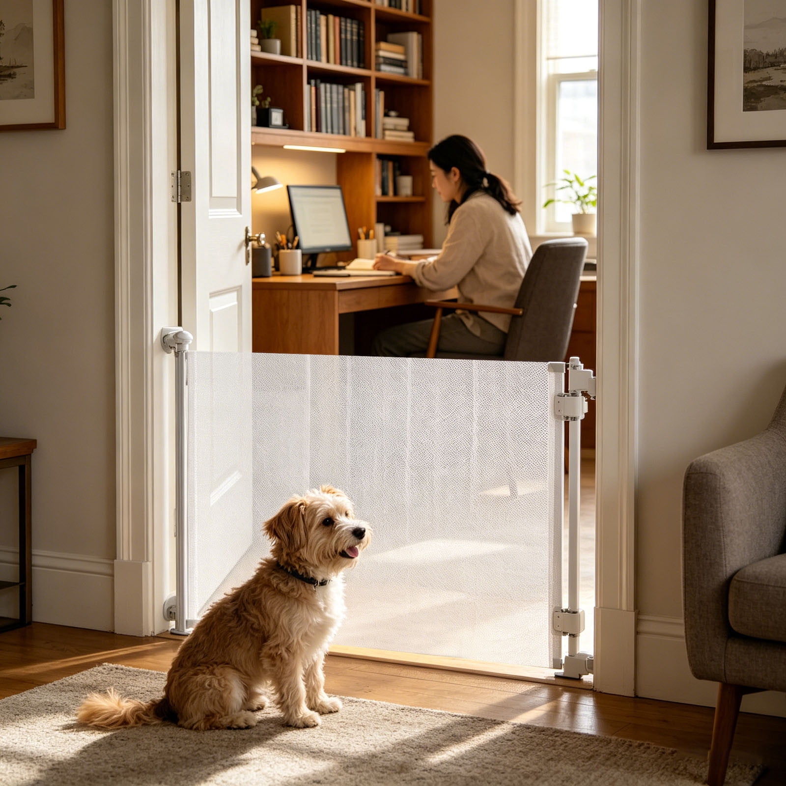 Pet Gate Retractable Mesh Dog Indoor Barrier No Drill Wall Mounted Dog Cat Safety Gate for Doorways Stairs and Off-Limit Areas Adjustable