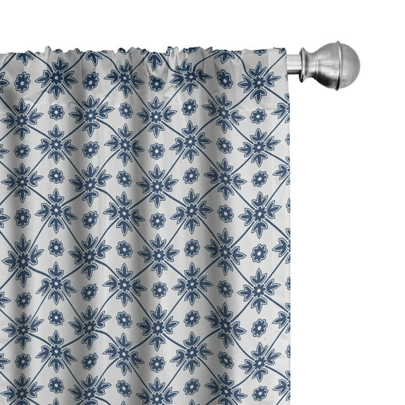 Ambesonne Dutch Curtains, Rhombuses and Flowers, Pair of 28"x63", Dark Blue and White
