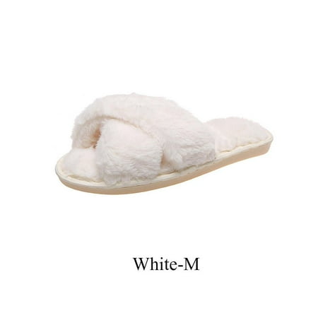 

Women Comfortable Simple Warm Slipper Cross Band Fluffy Low Heel WHITE M
