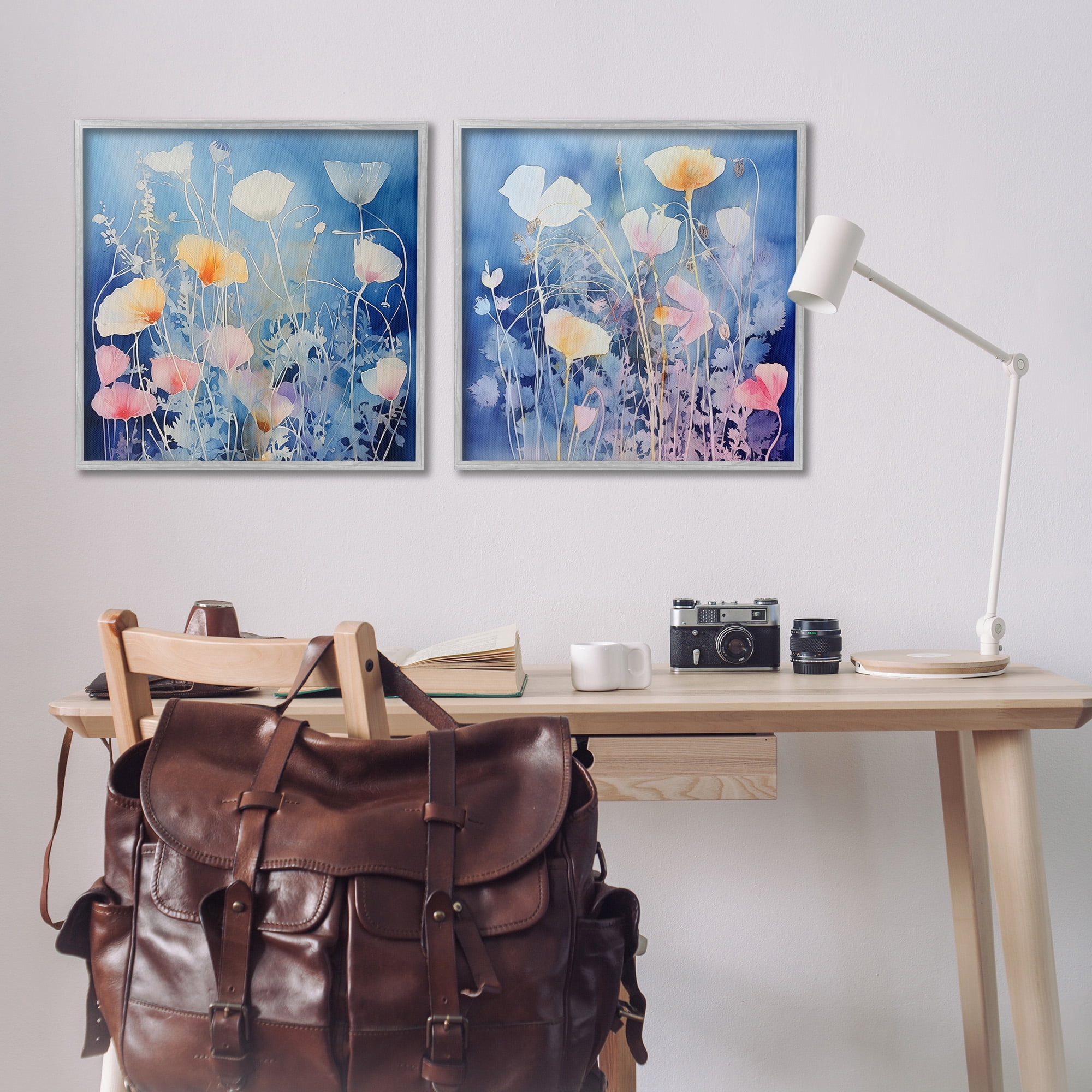 Stupell Industries Abstract Poppies on Blue Botanical & Floral Painting Gray Framed Art Print Wall Art, 24 x 24, Set of 2