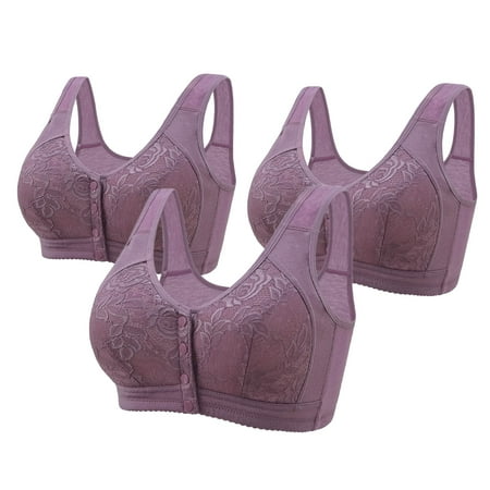 REORIAFEE Pushup Bras for Women 3PC Front Closure Gathered Together Wirefree Bras Lace embroidery Brassiere Breathable Wide Strap Comfy Corset Underwear Classic Lingerie Purple 50/115