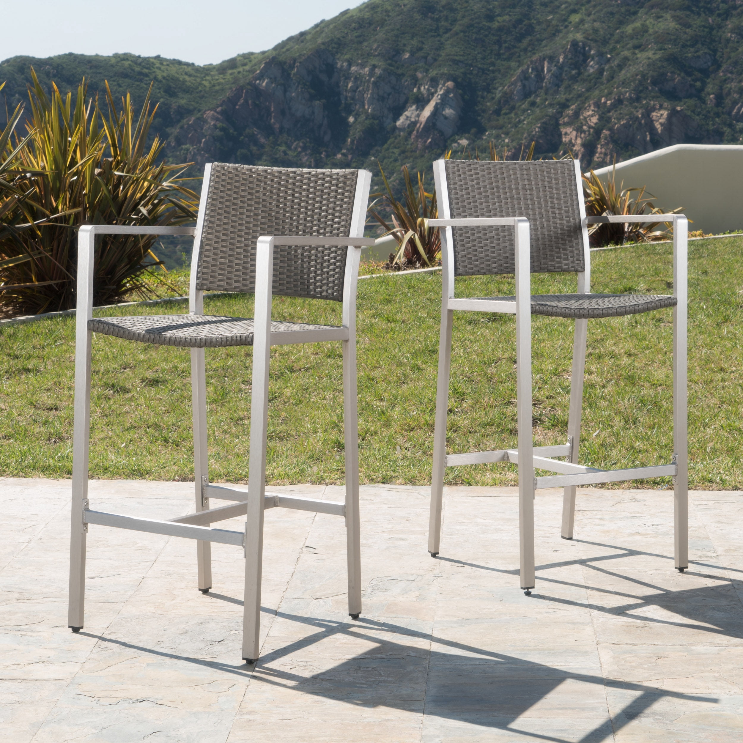 Outdoor Rust Proof Aluminum Frame Bar Stool Set of 2 29.50 Inch, PE Rattan Surface Height Seats for Patio Bar, Silver and Grey