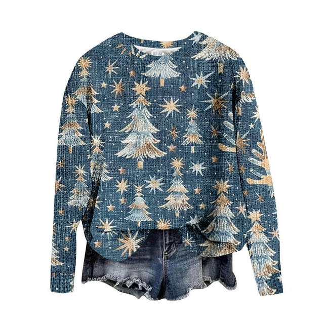 Pisexur Chandail de Noël Laid Vintage Imprimé de Noël Chandails pour Femmes Manches Longues Décontractées Chandails d'Automne pour Femmes 2025 Mode Col Rond Chandail Tricoté P-2TG Bleu