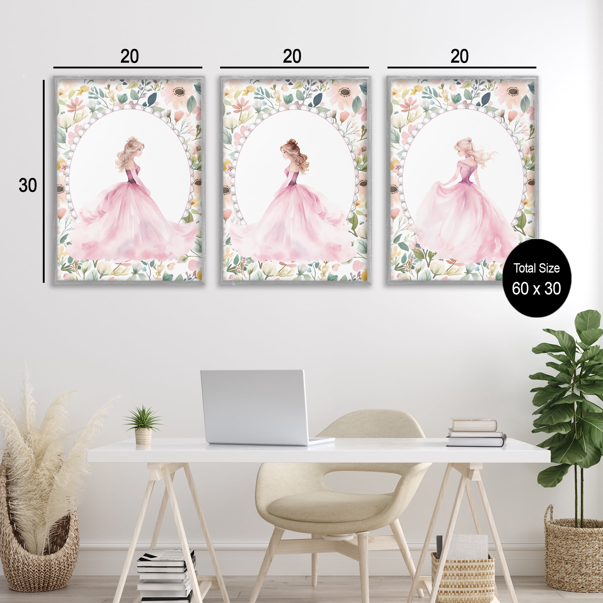 Stupell Industries Bordered Princess Love 3 Piece Gray Framed Giclee Art Set, design by Christine Simpson Art
