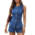 thumbnail image 3 of Conjunto de 2 Piezas para Mujer, Estilo Casual, Sin Mangas, con Blazer, Chaleco, Top y Pantalones Cortos, Chándal Traje Azul Oscuro XL, 3 of 9