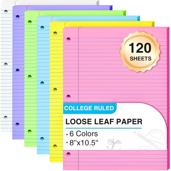 120 Sheets Loose Leaf Paper 8 x 10.5, 6 Colors Lined Paper College Ruled - 6 Colors-120 Pcs