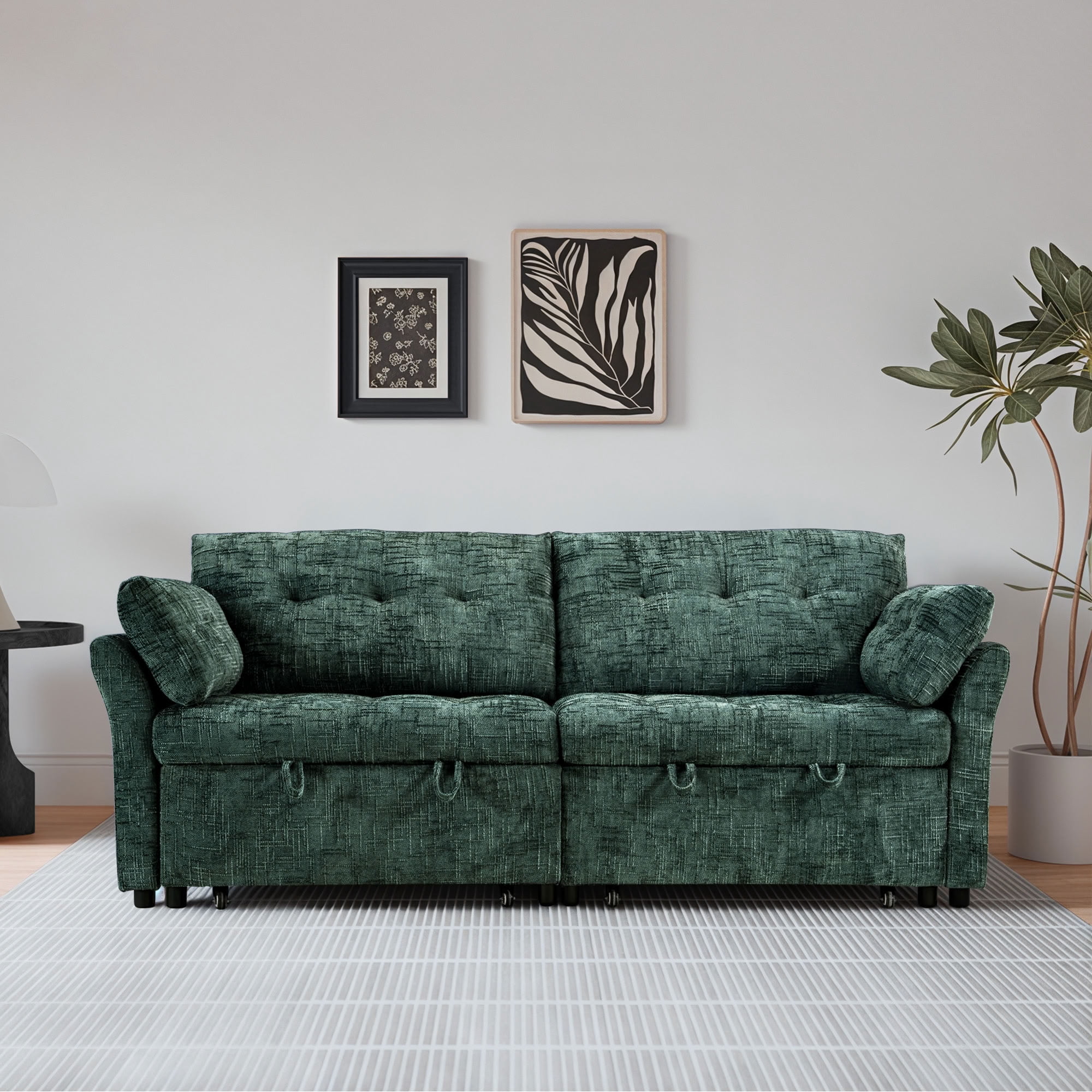 MAYEERTY Convertible Sleeper Sofa with Double Pull-Out Beds, 3-in-1 Tufted Linen Sofa Bed with 180° Flat Backrest, for Living Room, Apartment, Small Space