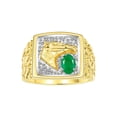thumbnail image 1 of RYLOS Men's Rings Yellow Gold Plated Silver Rings Lucky Nugget Horse Head 6X4MM Gemstone & Diamond Ring Emerald May Birthstone Rings For Men Size 9, 1 of 7
