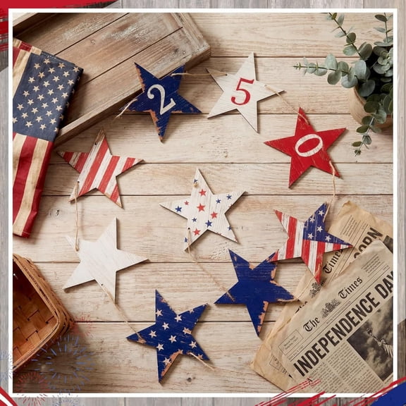 erdimoy Vintage American 3D Wooden Star Ornament, 4th of July Patriotic Star Decor for Hanging & Table Display