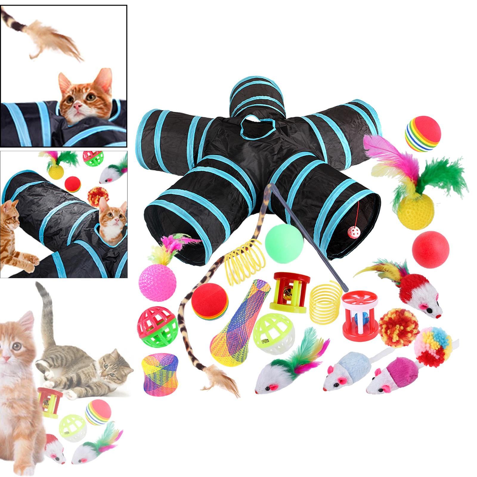 22 piece Interactive Cat Toy Sets,Collapsible Cat Tunnels for Indoor Cats, Feather Teaser Crinkle Balls Spring Toy Catnip Fish for Cats , B99504