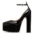 thumbnail image 3 of FSJ Women Sexy Pointed Toe Platform Pumps Buckled Ankle Strap High Block Heels Glossy Evening Night Dressy Shoes Size 4 Black, 3 of 4