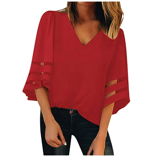 Women's 3/4 Sleeve V Neck Loose Blouses Casual Solid Color Shirts Tops ...