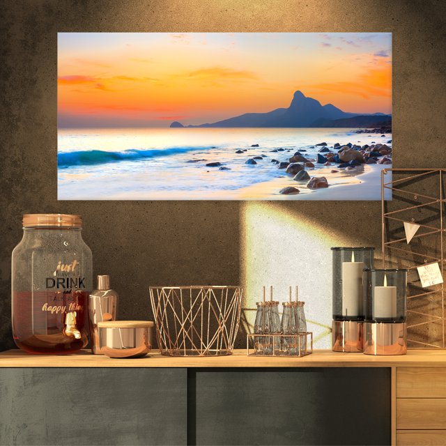 Stone in the Beach at Sunset - Seashore Photo Canvas Art Print