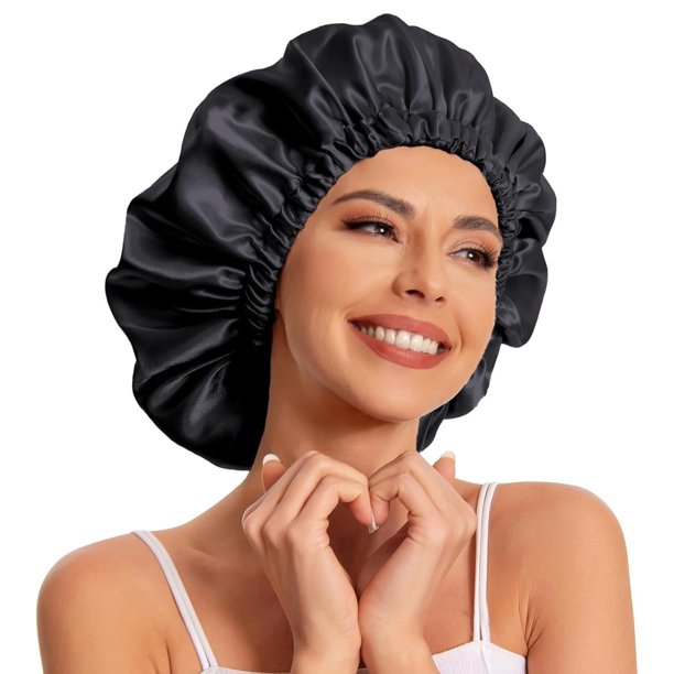 Gorro De Seda para Dormir Gorro Saten Pelo Rizado, Silk Bonnet Gorro De Satén De Doble Capa Ajustable para Dormir, Gorro De Noche para Mujer (Black, Extra Largo)