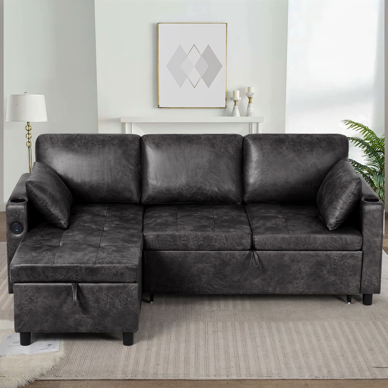 ACMEASE 84" Suede Leather Sectional  Sofa w/Adjustable Backrests, Pull Out Sofa Bed w/USB Charger Port& Reversible Storage Chaise,Convertible L-Shaped Sofa with Cup Holders for Living Room, Black