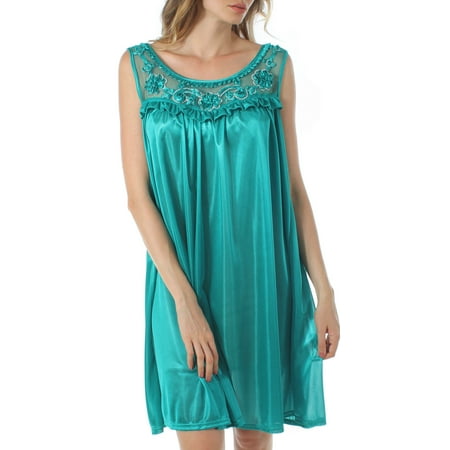 Venice Women's Silky Looking Nightgown w Sequins & Ribbon Roses 40N Medium Teal