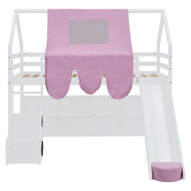 Twin Size Wooden Loft Bed with Slide and Ladder, House-Shaped Loft Bed Frame with Tent, Storage Shelves and Car-Shaped Storage Cabinet, Kids Playhouse Bed with Safety Handrails