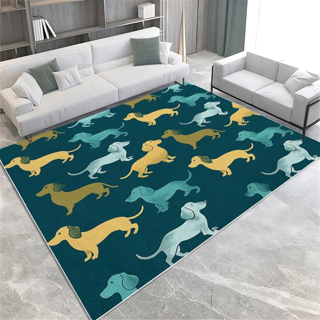 Area Rug for Living Room 3x5 ft Cartoon Animals Dachshund Blue Machine Washable Non-Slip Rugs, Soft Accent Rugs, Lightweight Carpet, Foldable Easy Care, Stylish Indoor Area Rug
