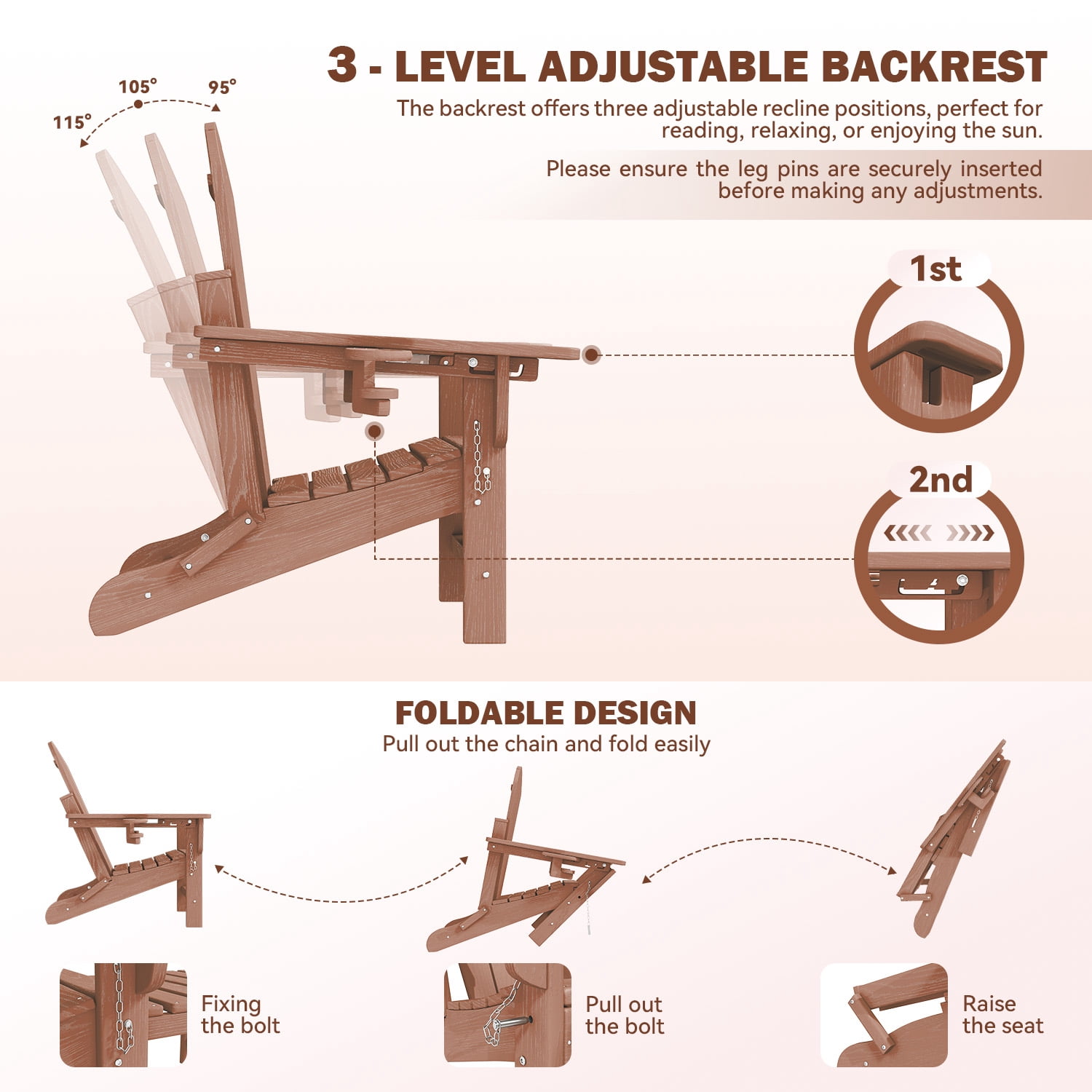 Erinnyees 3-Level Adjustable Adirondack Chair with Retractable Ottoman, HDPE All-Weather Folding Fire Pit Chair with 2 Cup Holders, Outdoor Chair for Garden