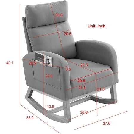 HOTORIL Chair Nursery Modern Fabric Accent Armchair Upholstered Glider Chair with Rubber Wood Legs Side Pocket Leisure Single Sofa Chair for Living Room Bedroom Green Velvet