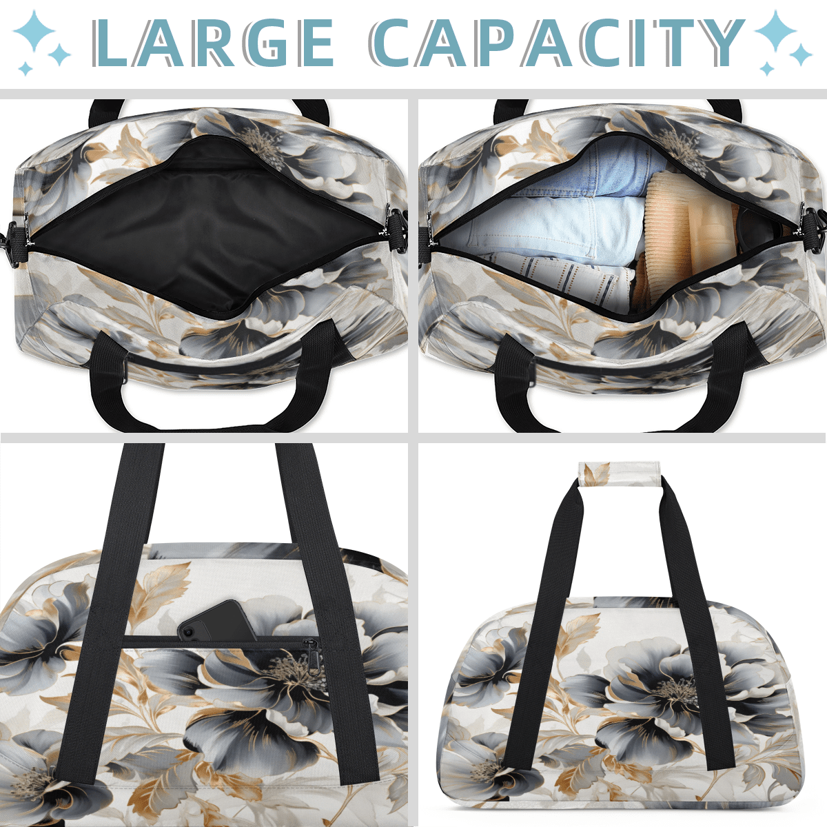 Herdesigns Marble Flower Sports Duffle Bag for Women & Men, Gray and Black Floral Gym Bag Dance Bag Overnight Bag Carry On Weekender Travel Bag